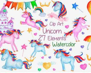 Watercolour Unicorns Clip Art Nursery手绘梦幻独角兽