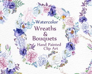 Watercolor Peony Wreath Clipart手绘紫色花环素材