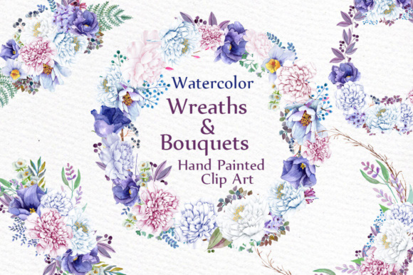 Watercolor Peony Wreath Clipart手绘紫色花环素材1