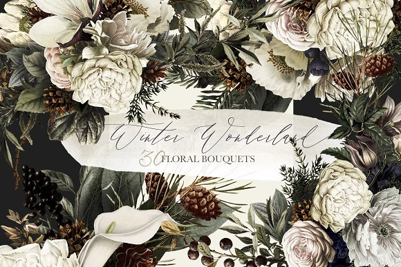 手绘复古冬季白色花朵素材图片Winter Wonderland Floral Bouquets 284809610