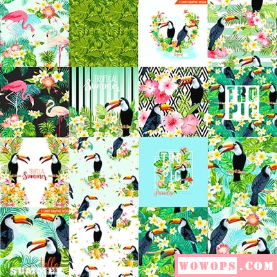 夏日清新热带植物绿叶花虫小鸟海报杂志背景图片 EPS矢量设计素材1