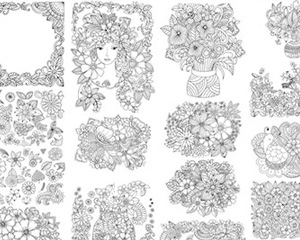 EPS矢量清新黑白手绘线描简约田园花朵儿童减压涂色本设计素材