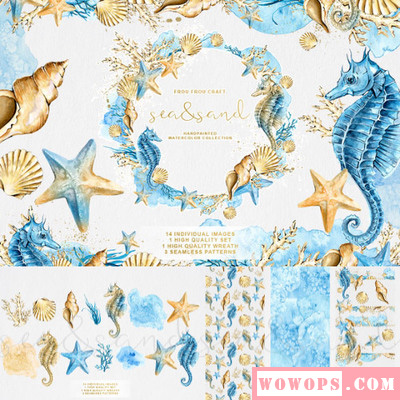 夏日蓝色手绘水彩画贝壳珊瑚海马海星海报卡片背景 PNG免抠素材1