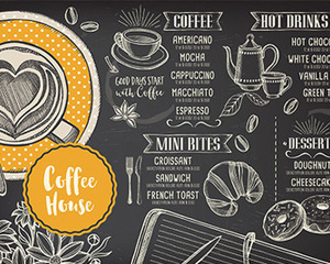 欧美手绘线描绿茶红茶西式餐厅咖啡菜单点单海报宣传卡传单素材