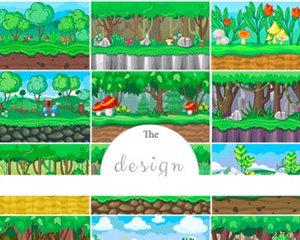 卡通无缝夏季森林草地岩石景观像素过关游戏背景EPS矢量设计素材