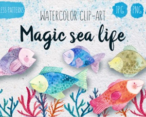 手绘水彩魔幻海洋水母海藻珊瑚彩色小鱼 PNG免抠剪贴画设计素材