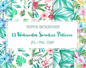 手绘水彩热带植物花卉封面包装无缝平铺背景图案PNG免抠素材模板