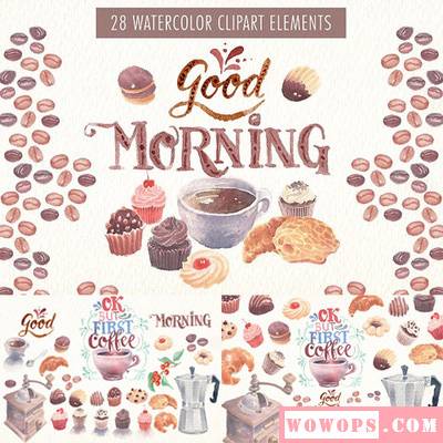 手绘水彩咖啡樱桃蛋糕杯牛角包饼干马卡龙下午茶PNG免抠设计素材1