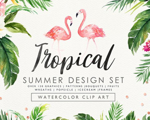 水彩手绘热带植物棕榈火烈鸟鹦鹉香蕉冰淇淋菠萝包装图案png素材