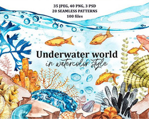 蓝色手绘水面下海洋世界水彩鱼贝壳珊瑚气泡海星PNG透明设计素材