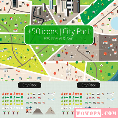 彩色扁平化绿化城市规划树地图公路房子建筑ICON图标矢量设计素材1
