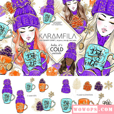 紫色圣诞节手绘时尚针织帽子女孩手套茶杯插画PNG免抠设计ps素材1