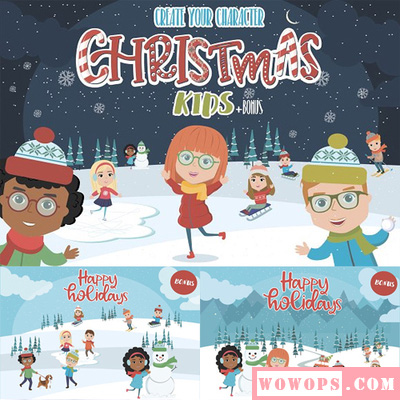 冬季卡通圣诞节儿童角色雪人男孩女孩滑雪橇插画PNG免扣设计素材1