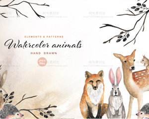 田园手绘水彩动物兔子鹿狐狸刺猬花卉碎花图案PNG免抠透明素材包