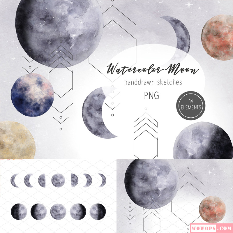 手绘水彩月亮月球月相满月新月凸月上玄月PNG免抠图高清设计素材1