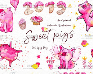 可爱手绘卡通形象猪年小猪生肖简笔画新年海报生日卡片PNG素材