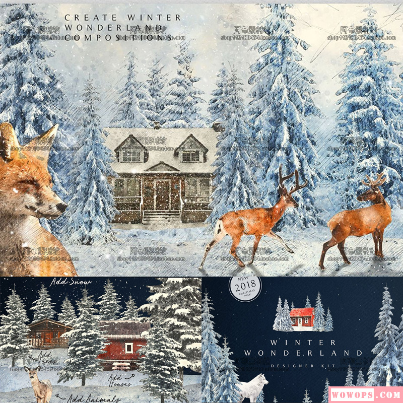 手绘水彩冬季圣诞节树动物风景插画明信片卡片手杖PNG免抠PS素材1